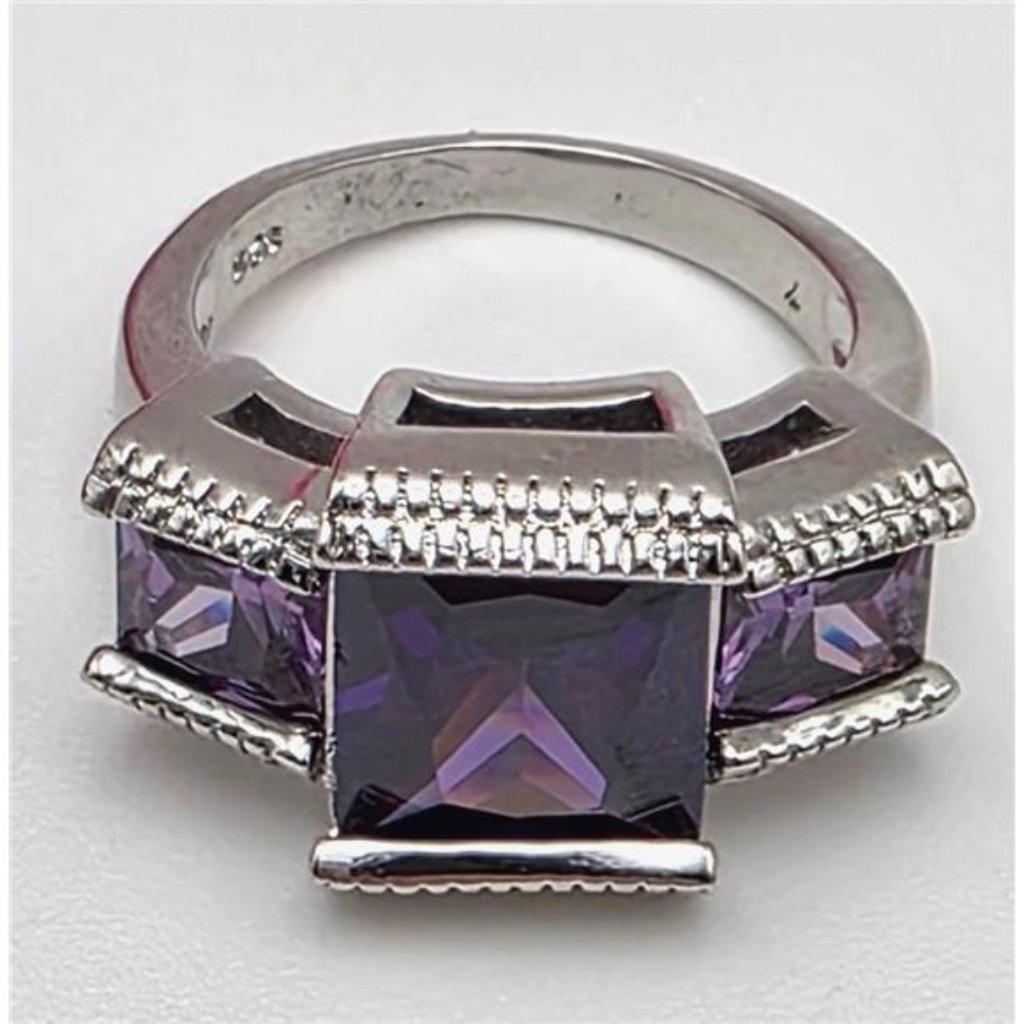 Sterling Silver 3-Stone Amethyst Ring Size 7 Emerald-Cut Faceted Stones 50$